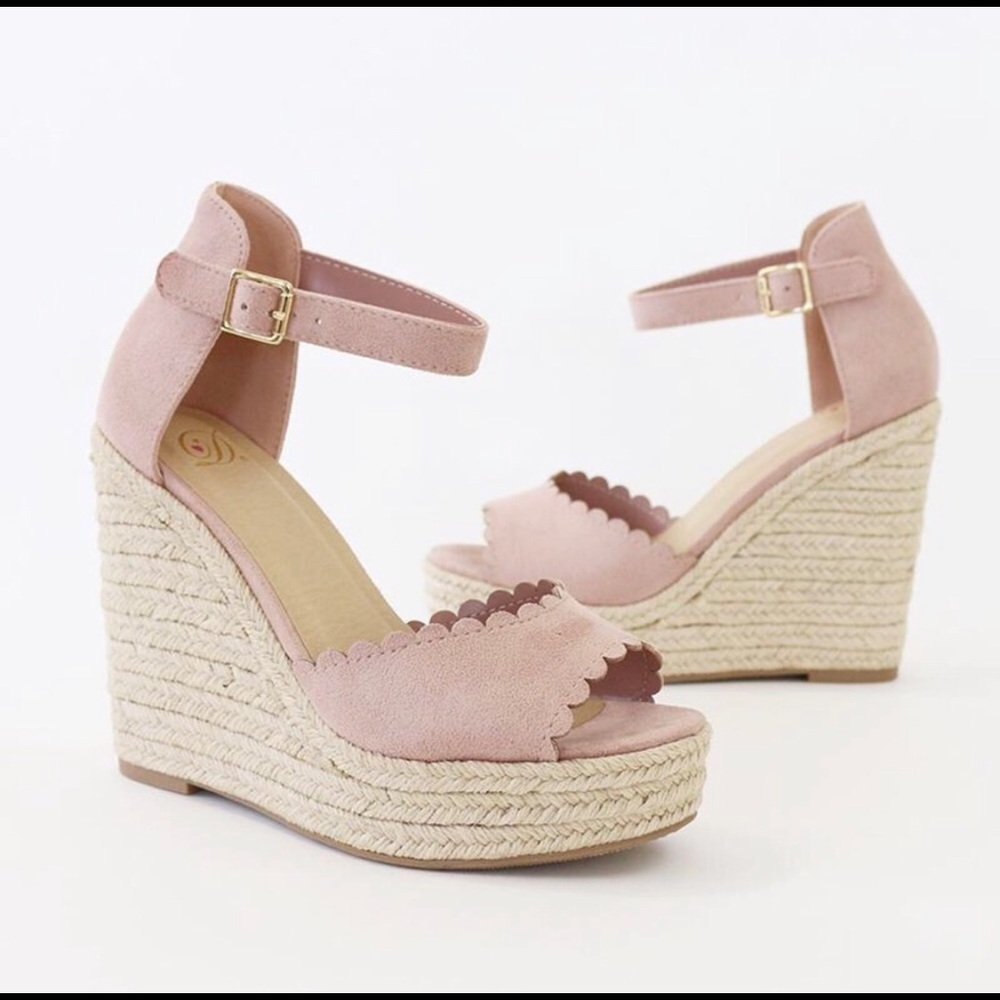 Scalloped Nude Blush Espadrille Wedges